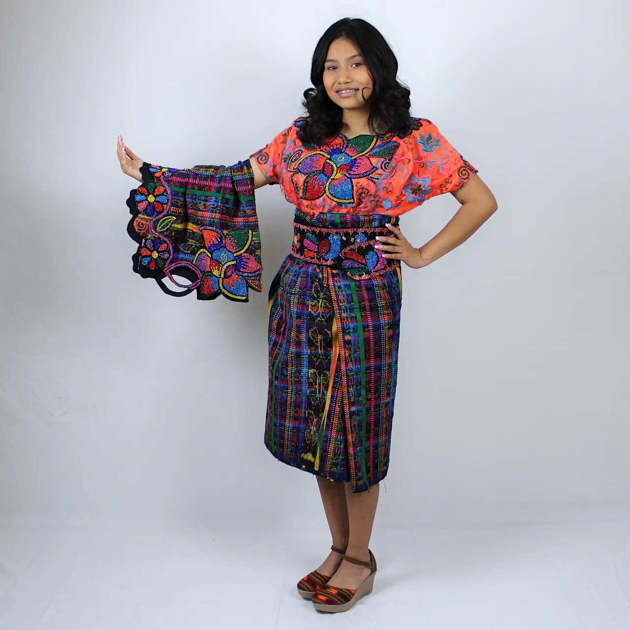 Traje tipico de Guatemala Faja delantal corte y blusa Estilo Totonicapan Anaranjado Verde 158 Ropa Tipica Archila