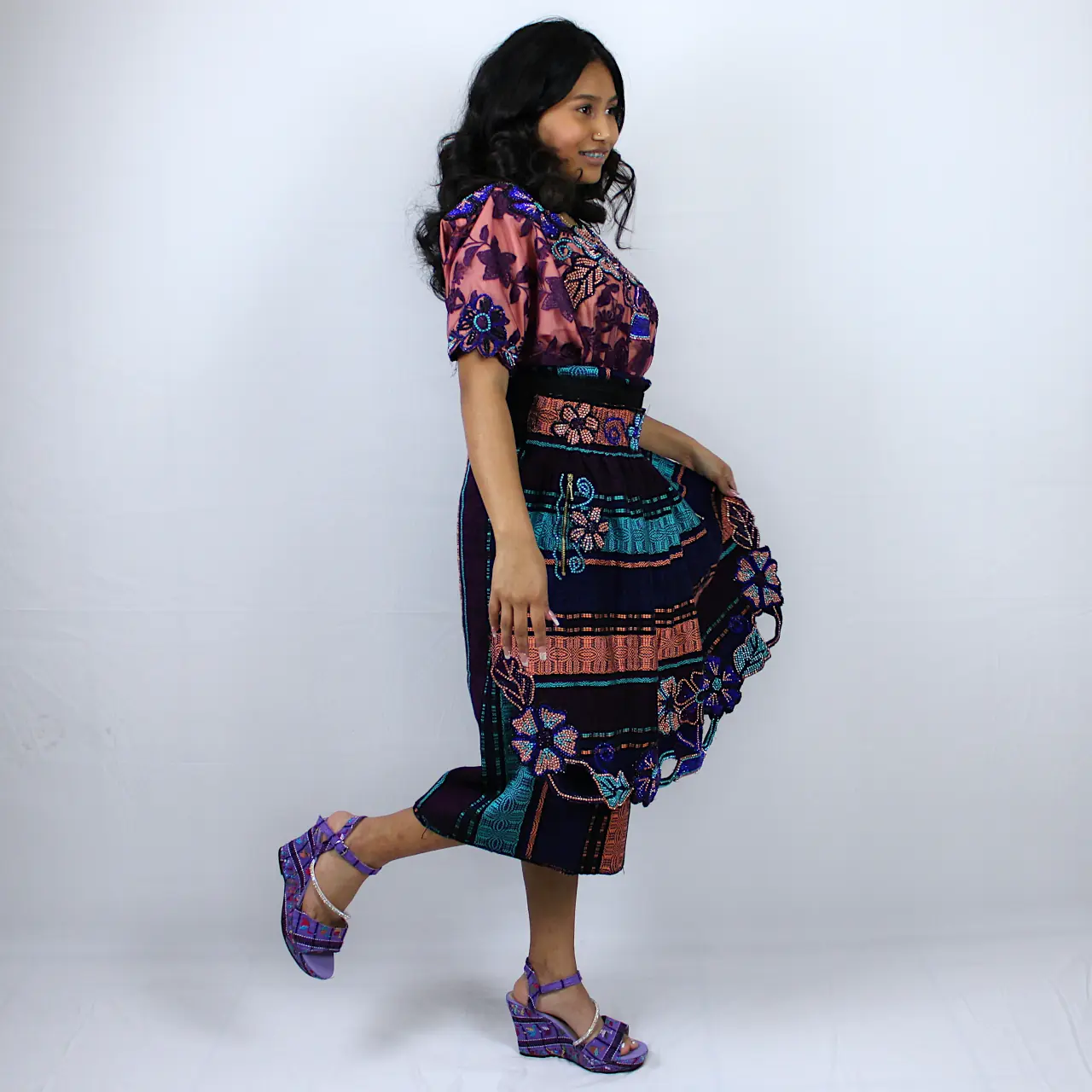 Traje tipico de Guatemala Faja delantal corte y blusa Estilo Retalhuleu Salmon Rosado 679 Ropa Tipica Archila