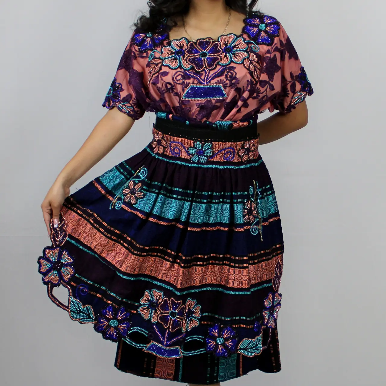 Traje tipico de Guatemala Faja delantal corte y blusa Estilo Retalhuleu Salmon Rosado 679 Ropa Tipica Archila